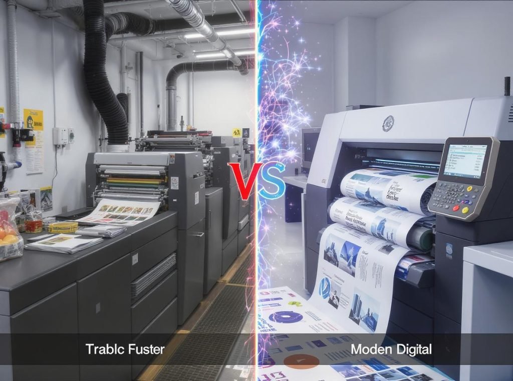 Side-by-side comparison of litho-lamination and digital printing showing quality differences and capabilities