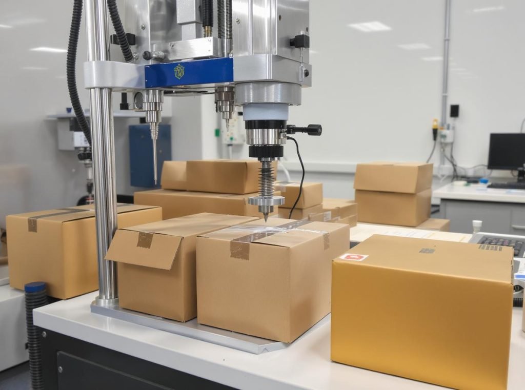 Corrugated box durability testing in professional laboratory showing compression strength evaluation