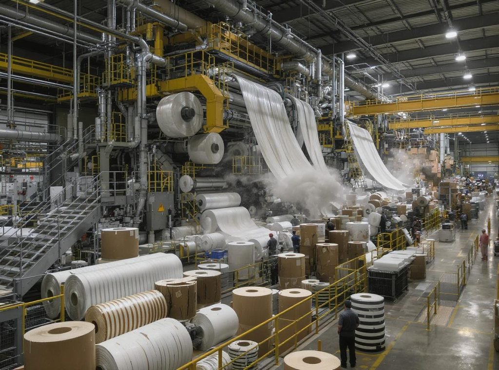 Industrial paper mill showing corrugated recycling process with pulping machinery and paper roll production