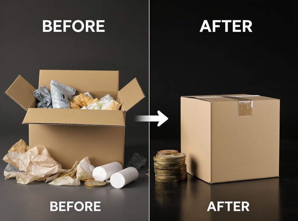Packaging optimization before after comparison reducing dimensional weight charges