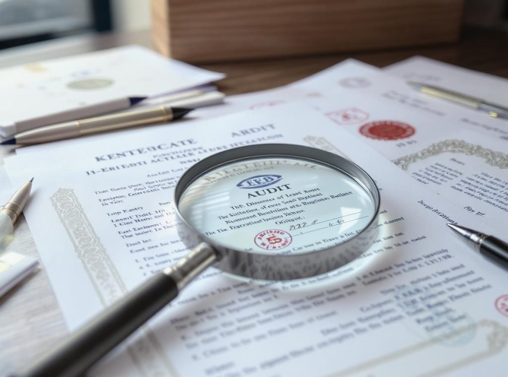 Due diligence documentation including business licenses, certifications, and inspection checklists