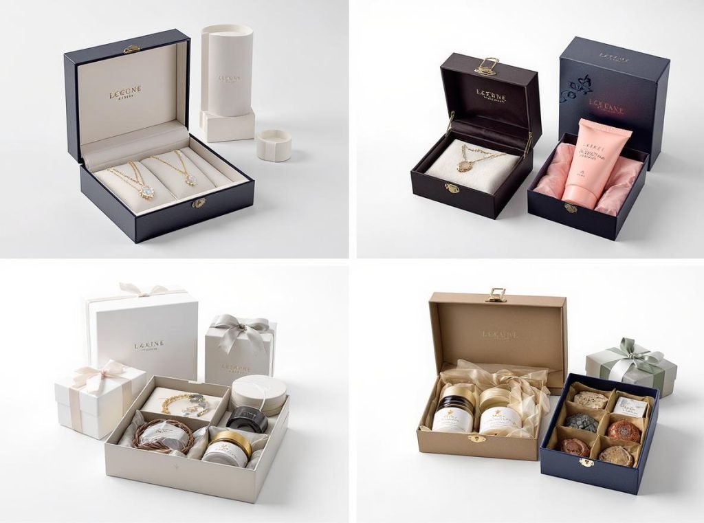Different industries using rigid boxes including jewelry, electronics, cosmetics, and gourmet foods