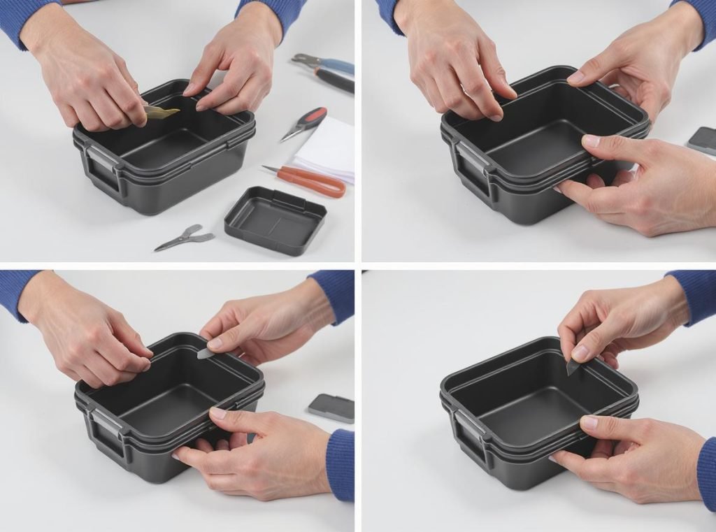 Assembly process showing hands folding collapsible rigid box with timing elements