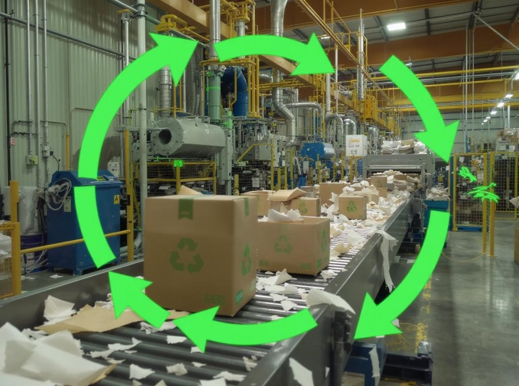 Eco-friendly rigid boxes recycling process showing municipal recycling facility and circular economy