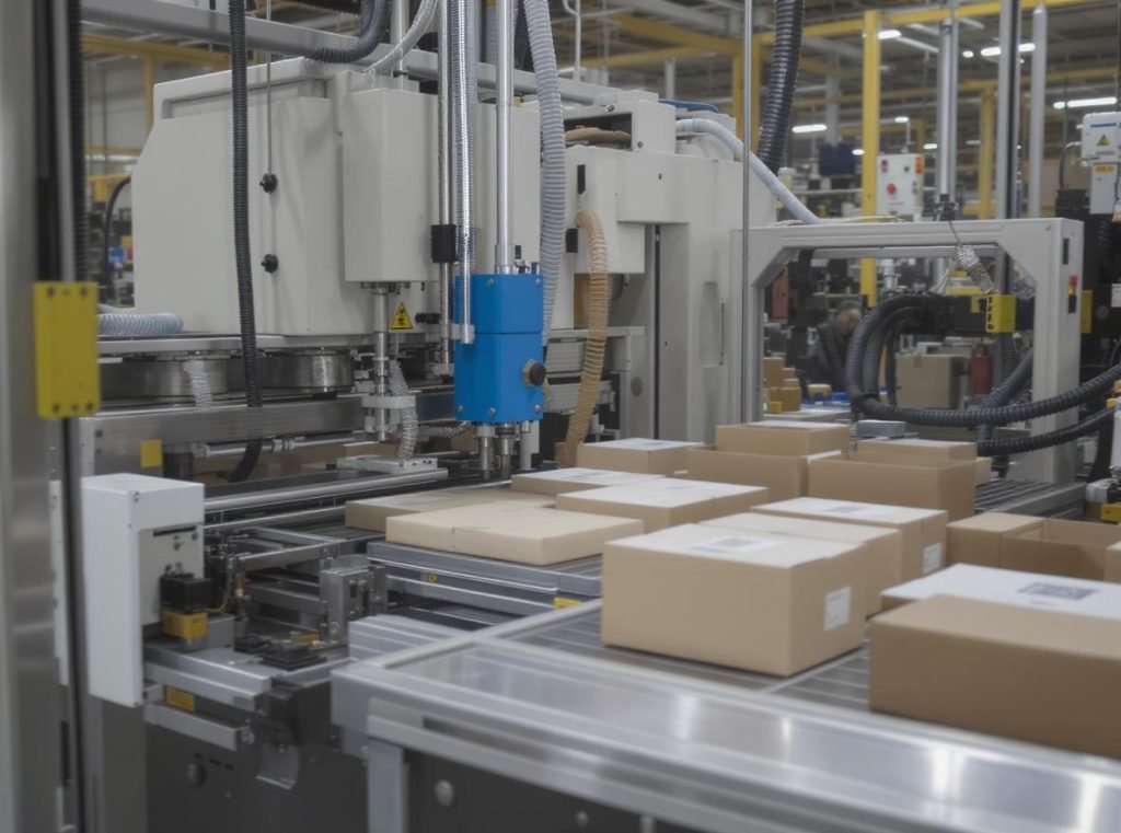 Automated manufacturing equipment producing rigid boxes in industrial facility