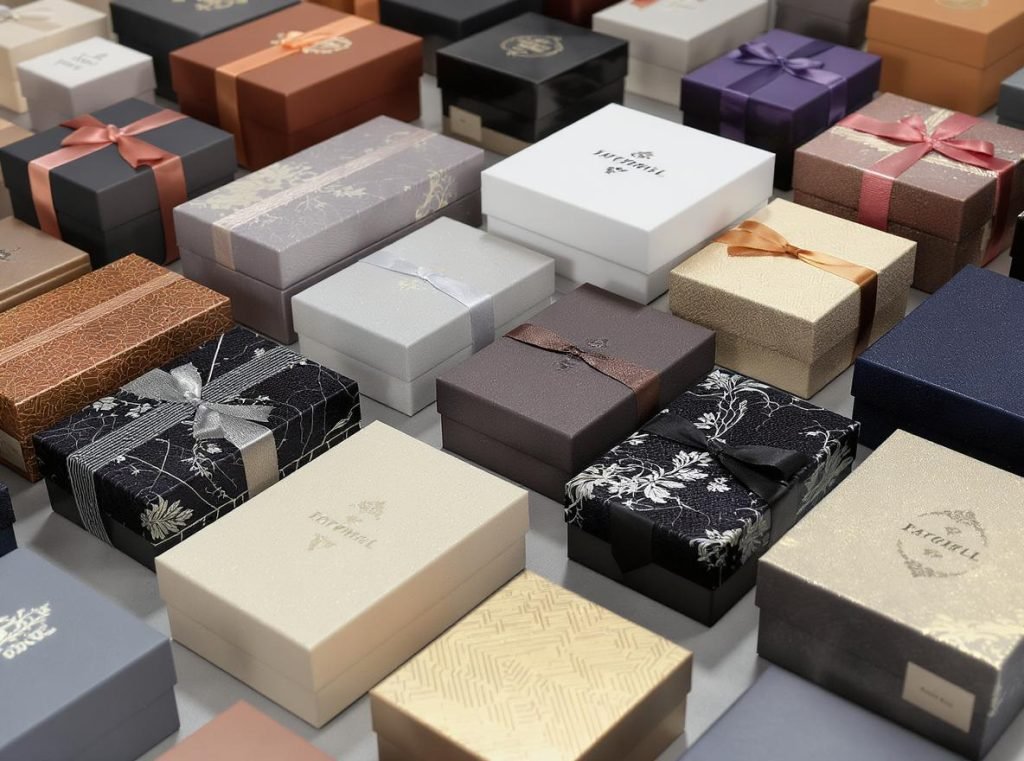 Various customized rigid boxes displaying different finishes and closure options