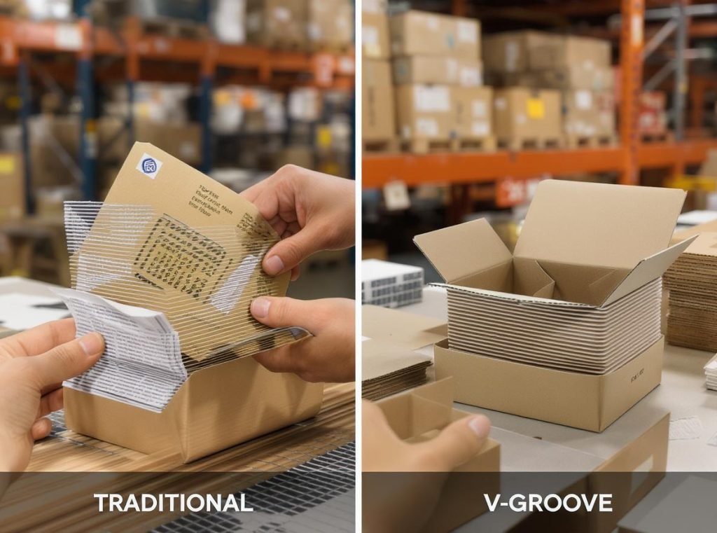 Comparison of V-groove construction alternatives including traditional creasing and folding cartons