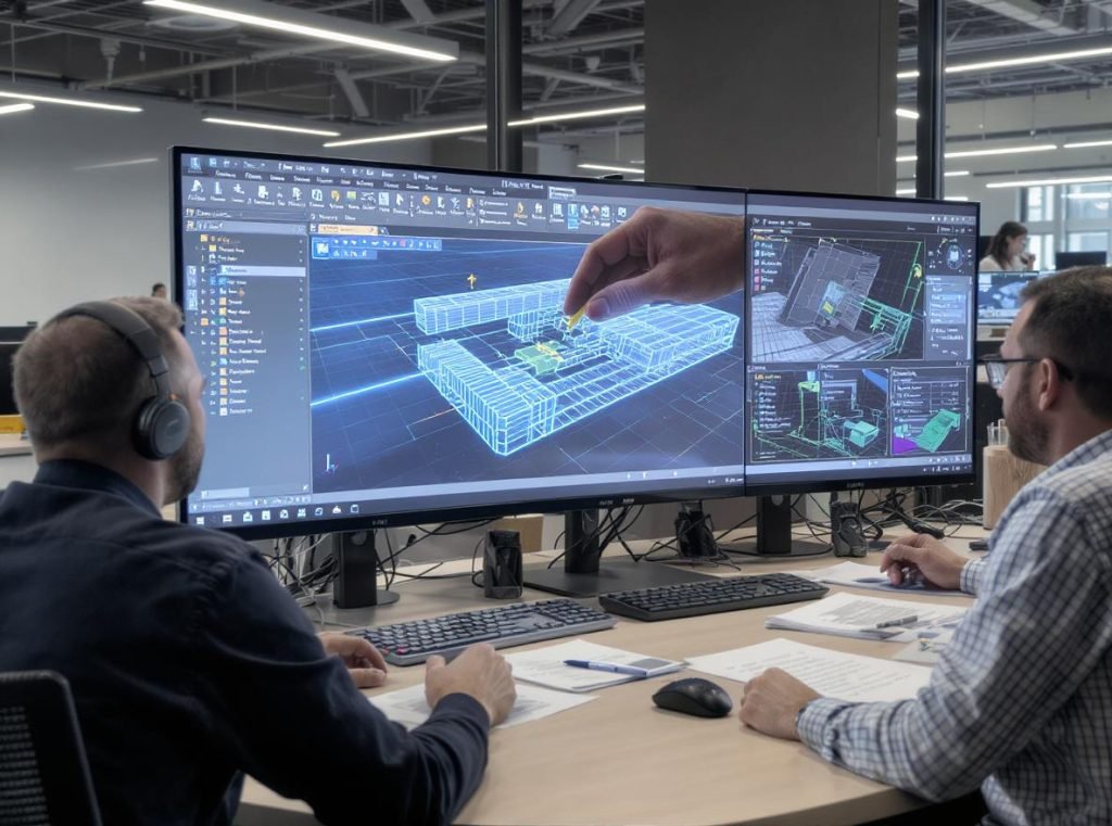 Engineering team managing design modifications using CAD software
