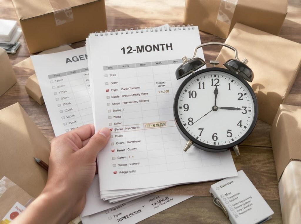 Timeline showing 12-month storage duration guidelines for corrugated boxes with quality indicators