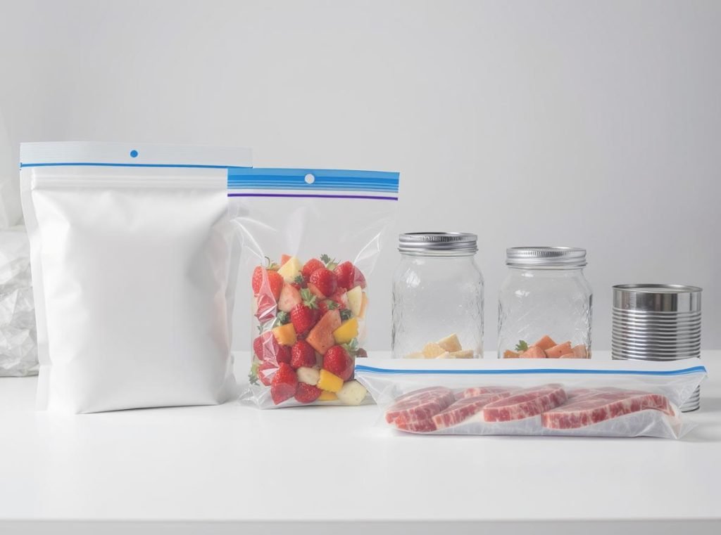 Comparison of storage methods including Mylar bags, vacuum bags, glass jars, and metal cans