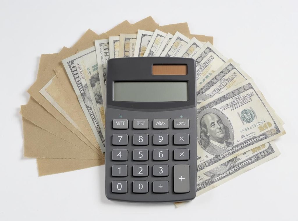 Cost analysis of kraft paper types with calculator and money showing price differences