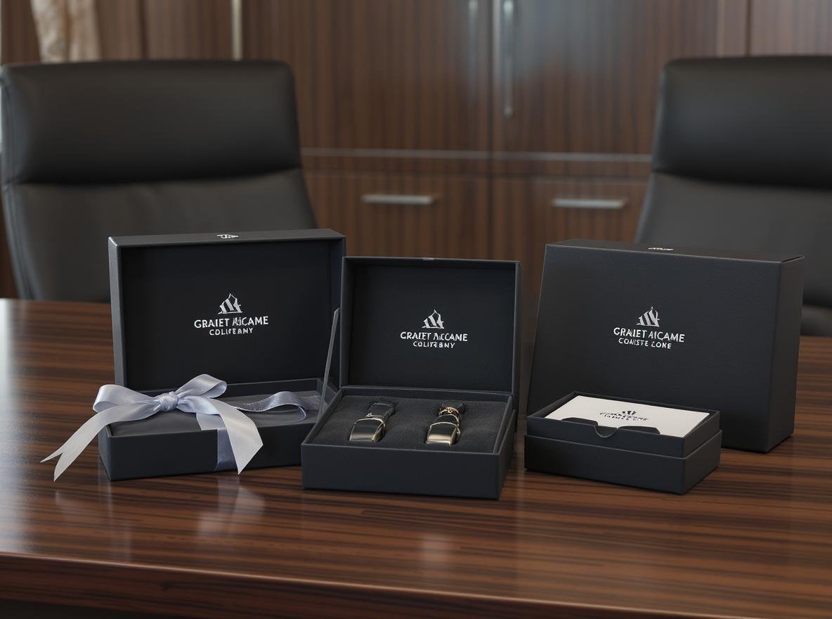 Corporate gift packaging with custom branded two piece rigid boxes