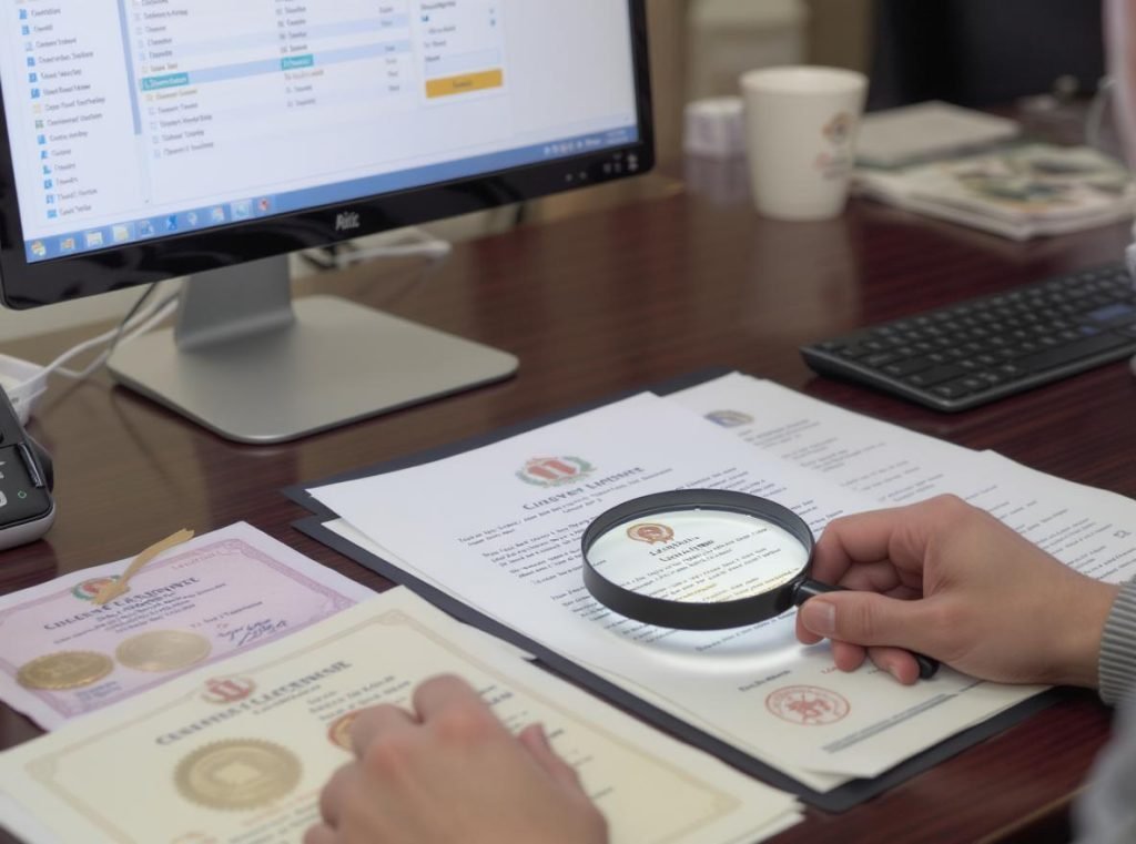 Document verification process showing business licenses and certificates for Chinese packaging manufacturers