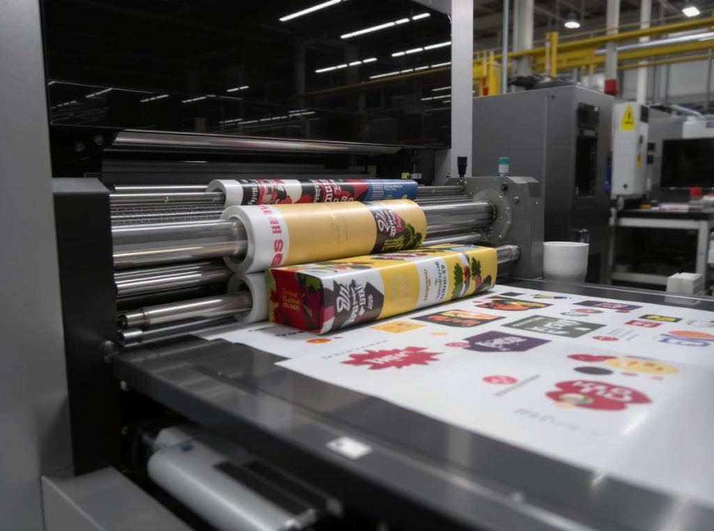 Digital printing machine producing custom branded packaging boxes with colorful designs