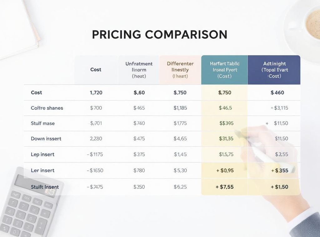 Custom insert pricing comparison showing different types arranged by cost and value