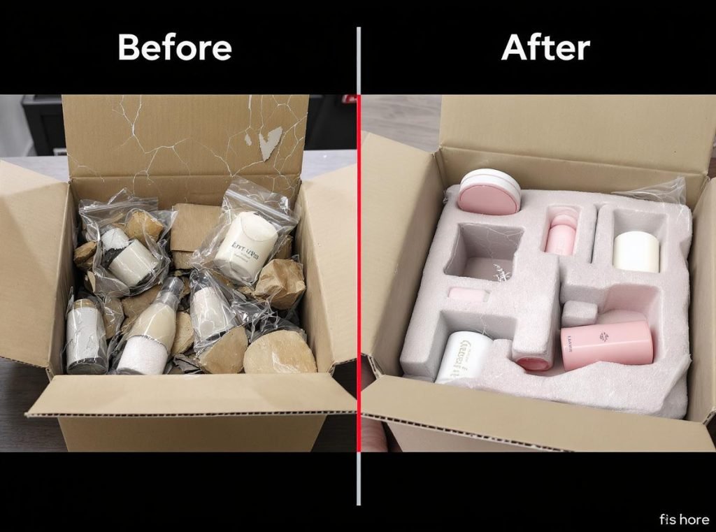 Before and after comparison showing shipping damage reduction with custom inserts
