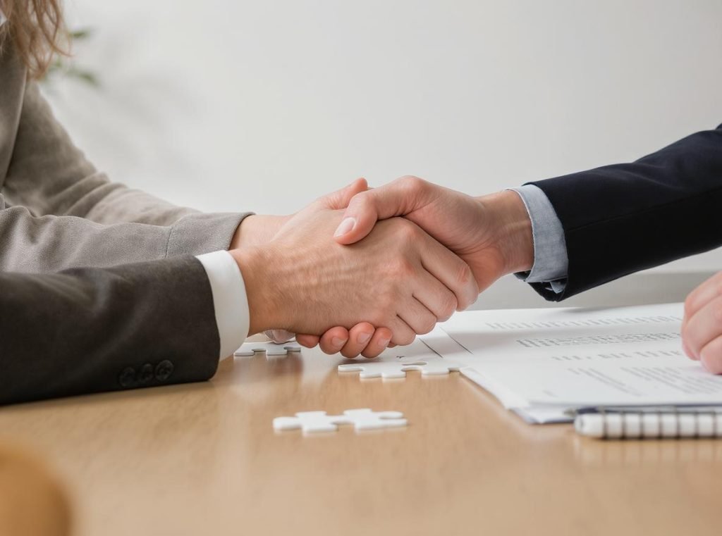 Business mediation scene showing peaceful dispute resolution between international partners