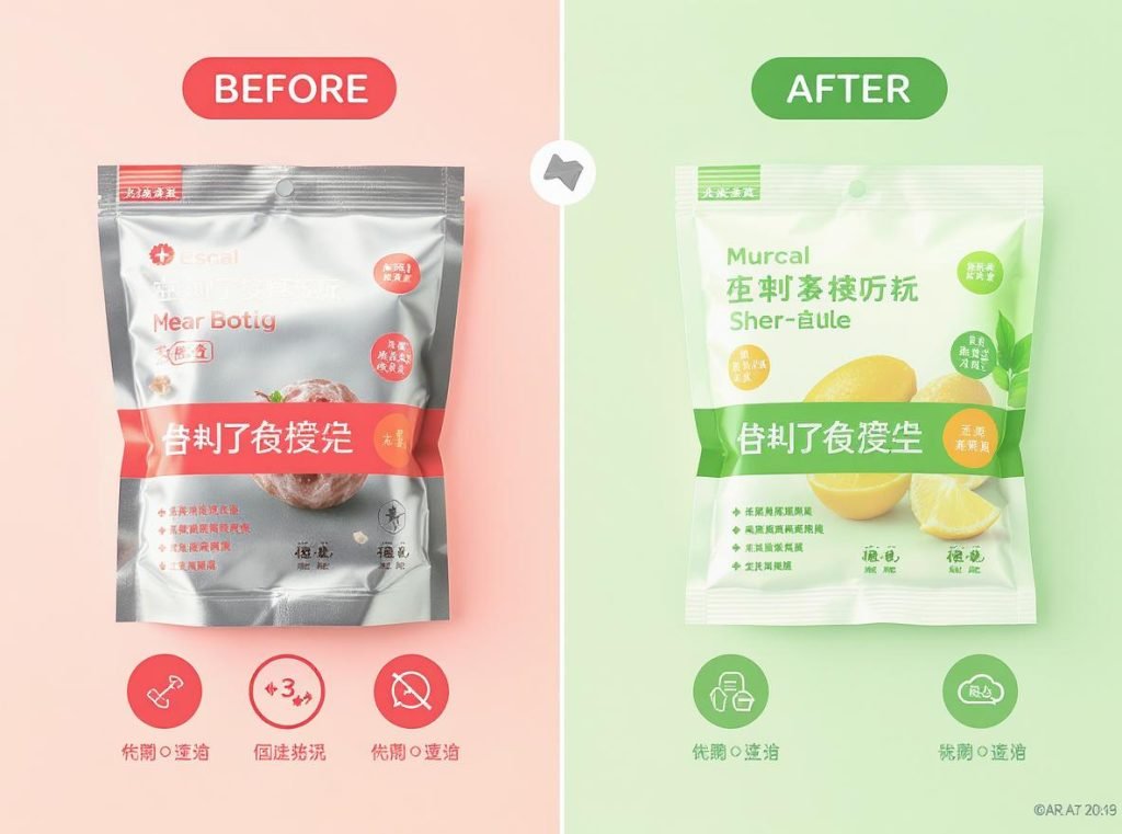 Before and after comparison showing common packaging design mistakes and their solutions