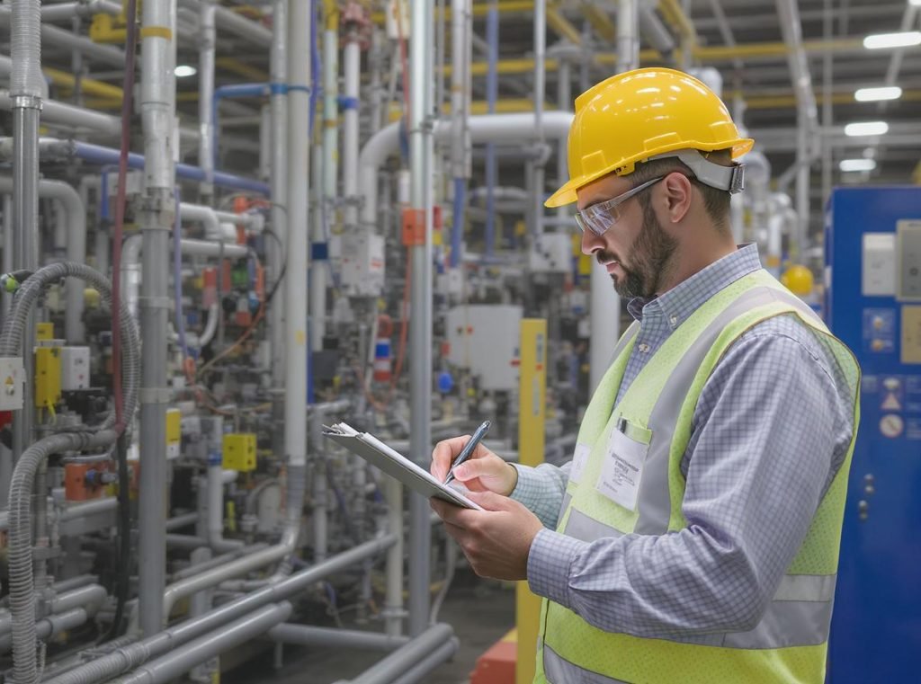 Professional factory auditor conducting third-party verification with checklist and inspection equipment