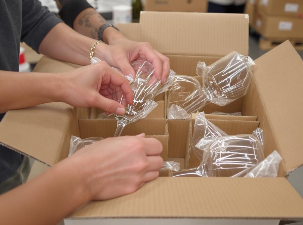 Professional packaging process showing multiple wine glasses individually wrapped with dividers