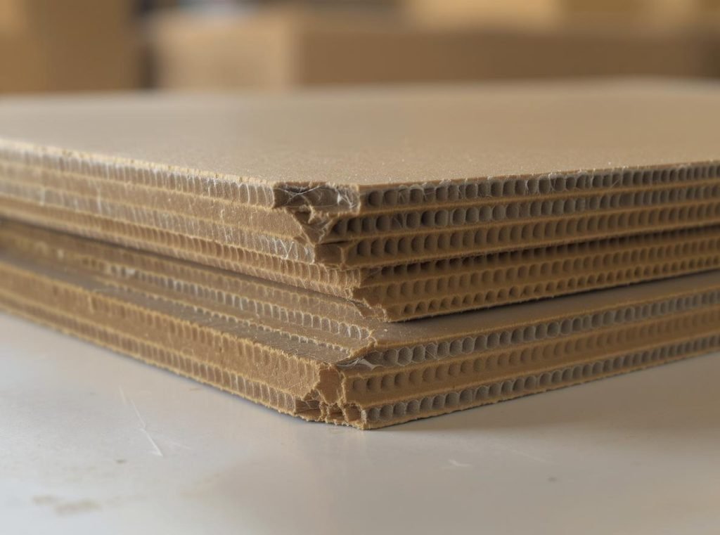 Double-wall corrugated cardboard cross-section showing two flute layers for enhanced strength and protection