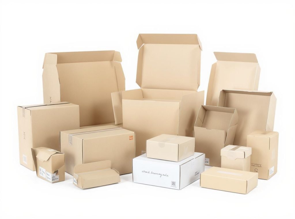 Different types of corrugated boxes for e-commerce shipping including RSC and specialty designs