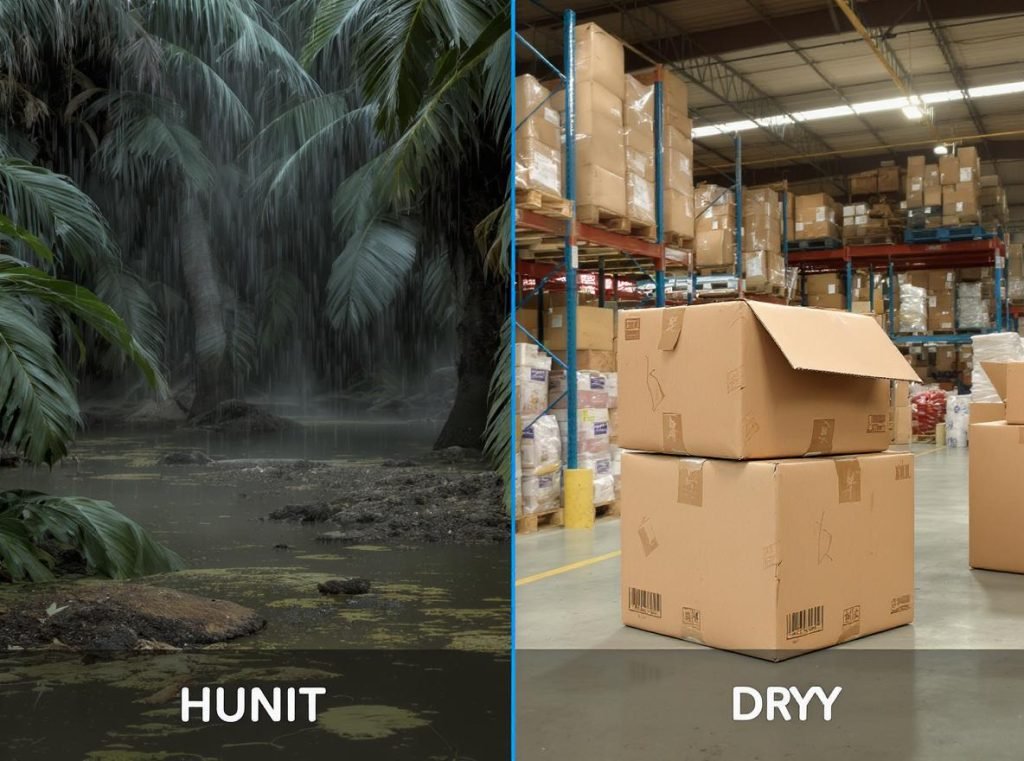 Environmental factors affecting cardboard box strength including humidity, temperature, and moisture damage