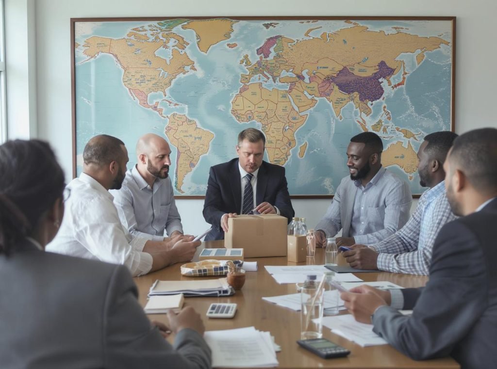 International business meeting evaluating Chinese packaging options with samples