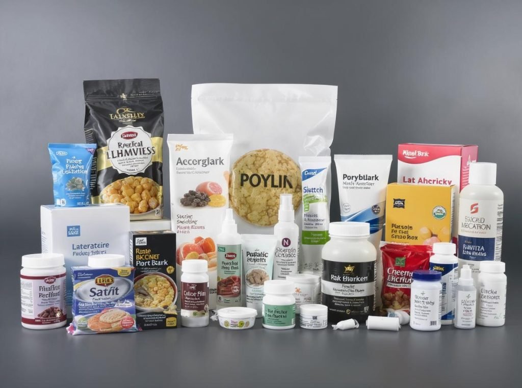Various industry products using litho-laminated packaging including food, electronics, cosmetics, and pharmaceuticals