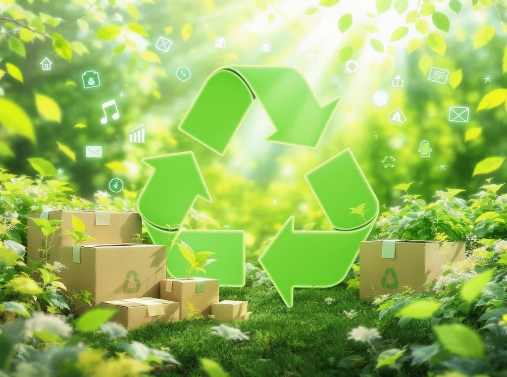 Environmental sustainability concept showing recyclable C-series boxes with green recycling symbols