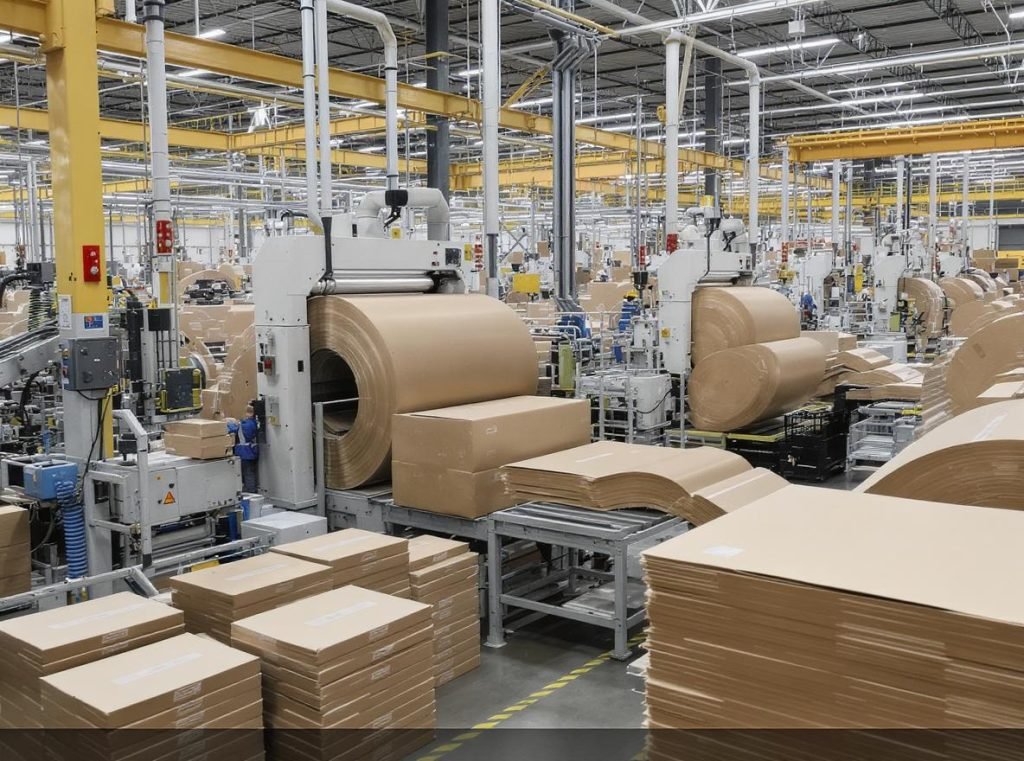Modern corrugated box manufacturing facility with specialized scoring and cutting equipment