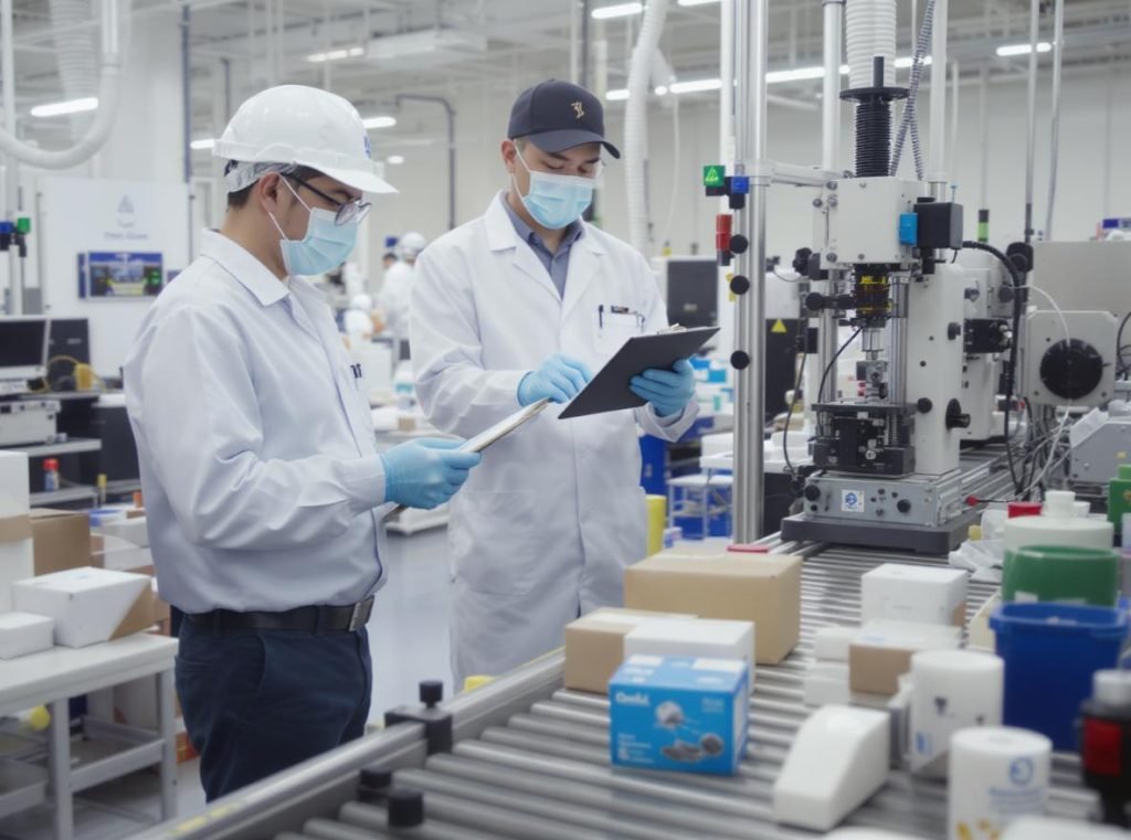 Quality control inspection process with packaging products and testing equipment in clean laboratory