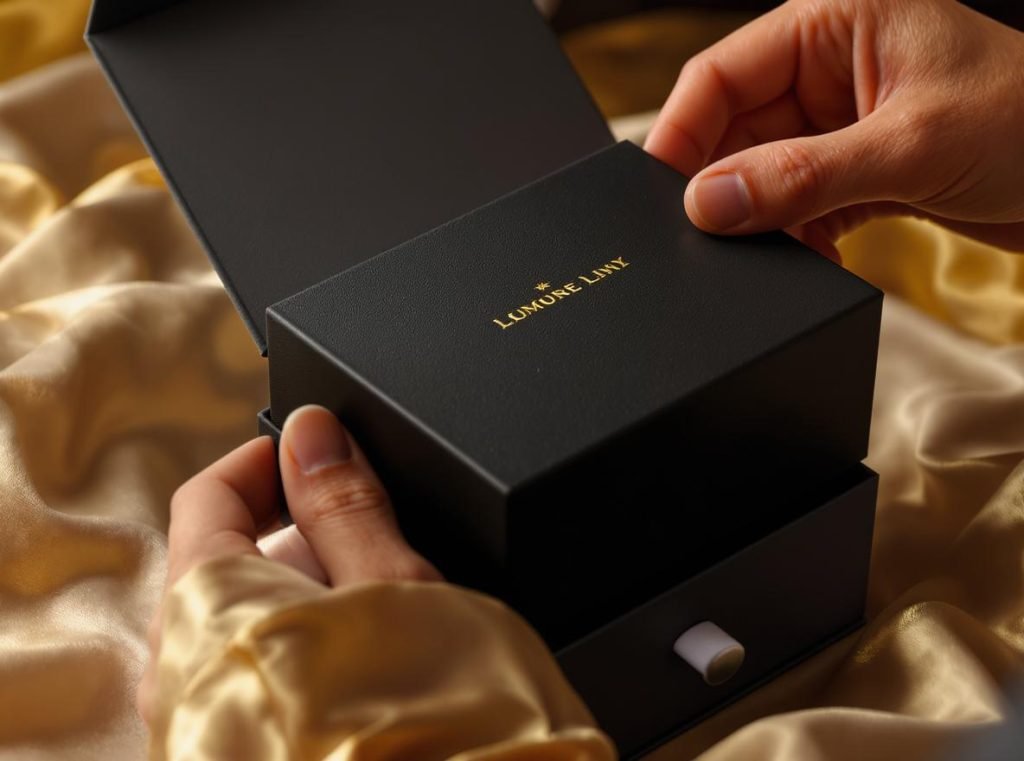 Customer unboxing experience with luxury rigid box showing premium opening ritual
