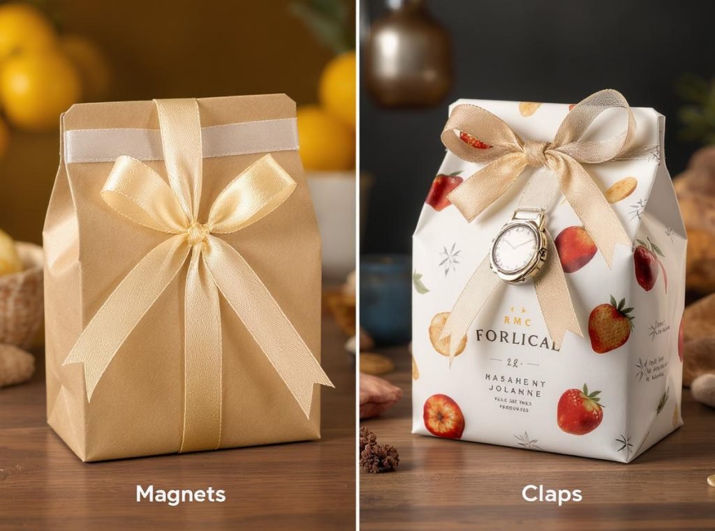Comparison of magnetic closures versus traditional packaging closure methods including ribbons and clasps
