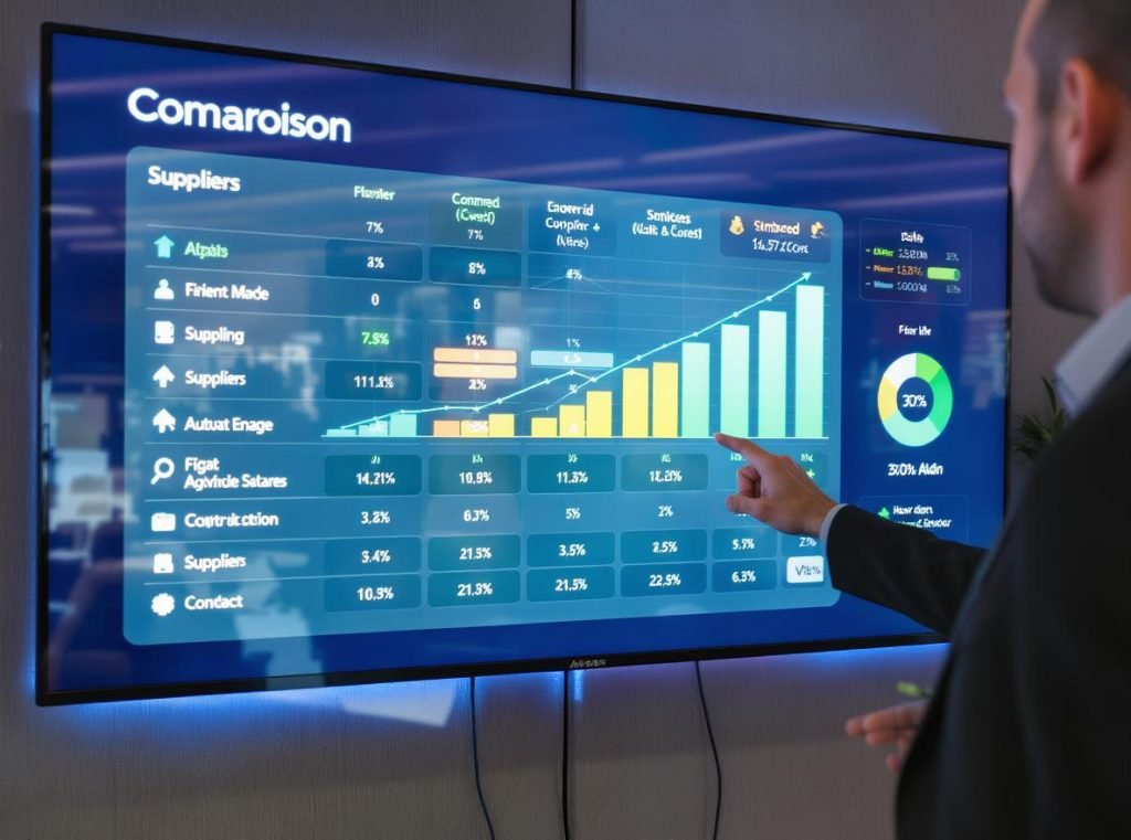 Weighted supplier comparison matrix displayed on screen showing packaging supplier evaluation scores and metrics