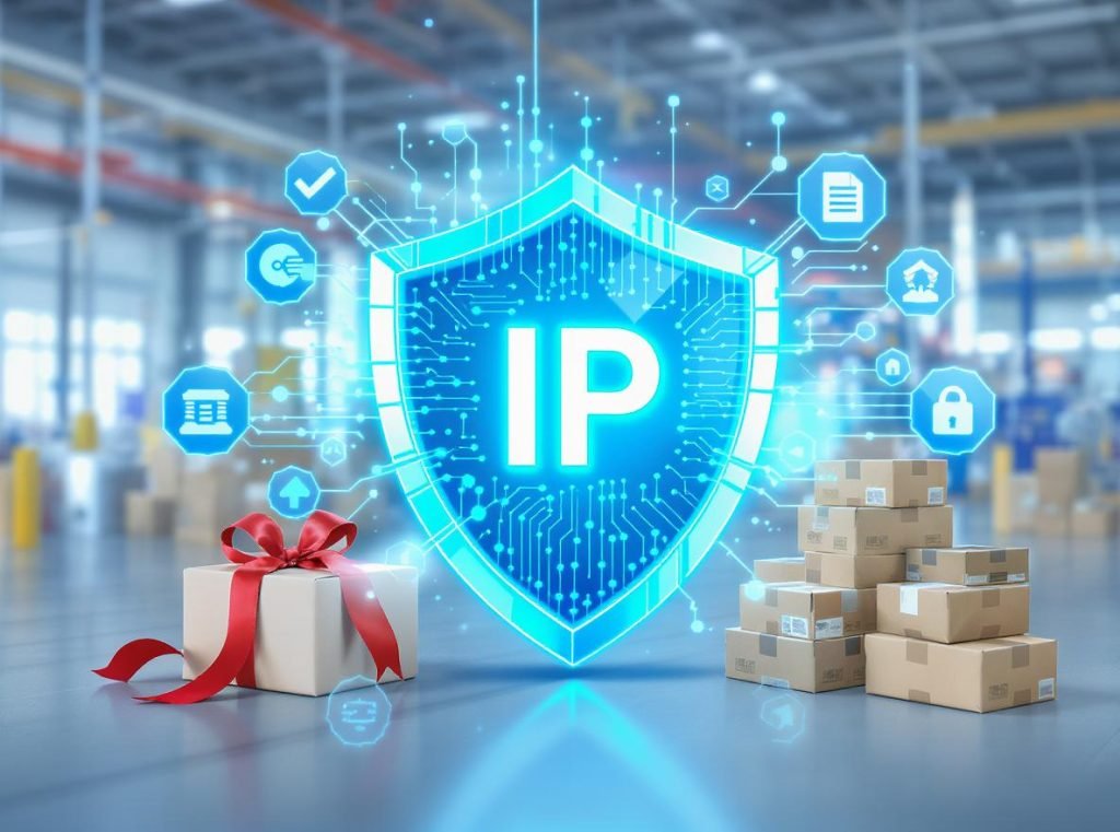 Comprehensive IP protection strategy for custom packaging in China showing shield protection and legal compliance