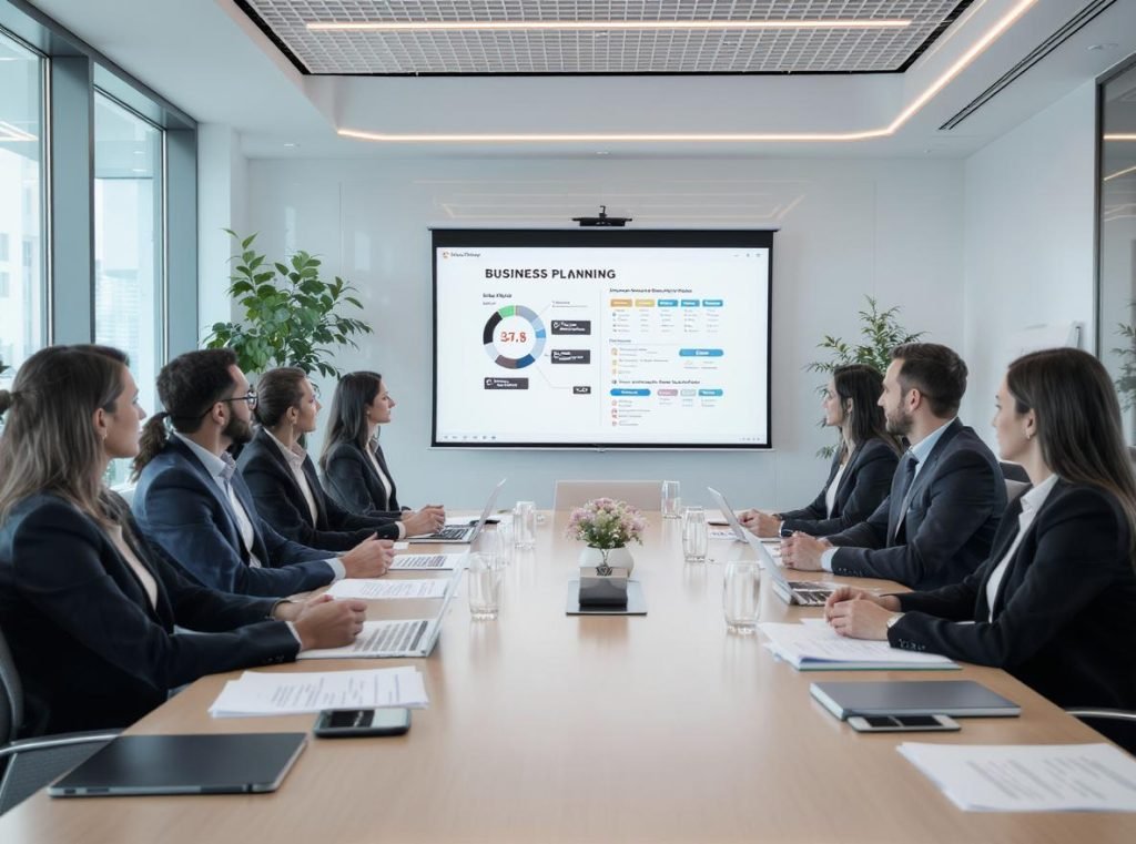 Business team planning flexible packaging implementation strategy in modern office setting
