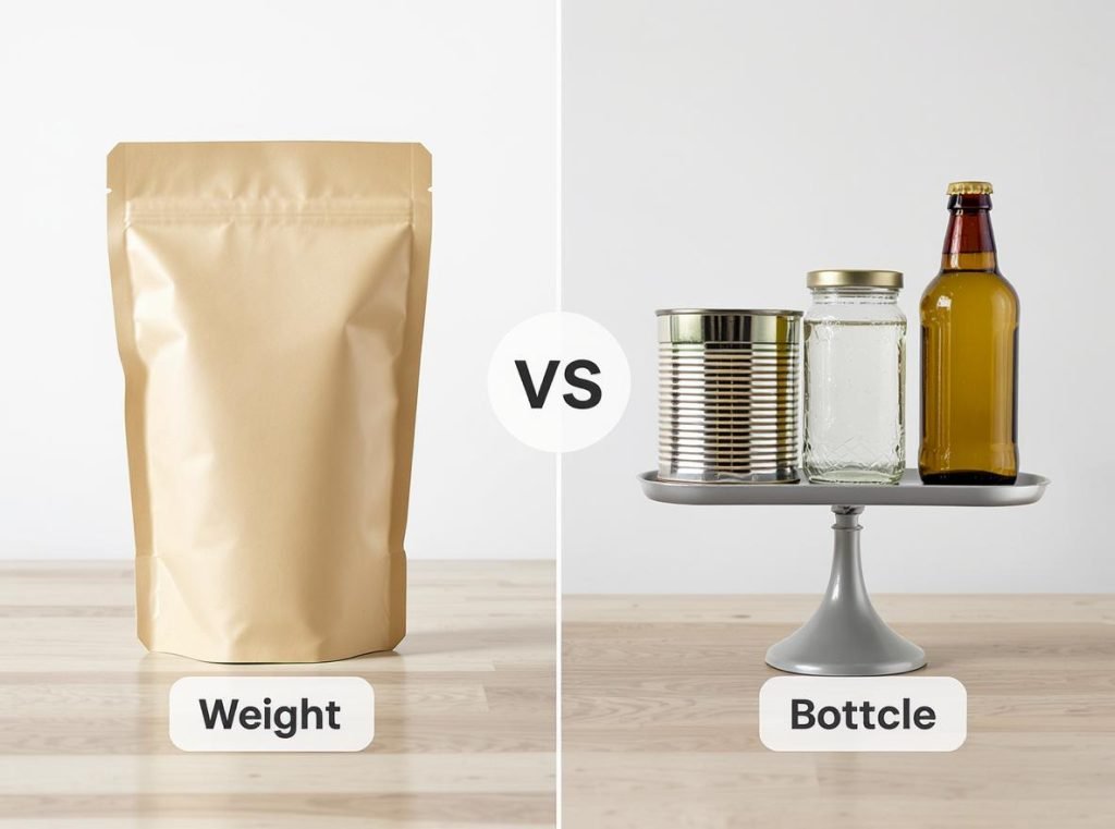 Side-by-side comparison of stand-up pouches versus traditional packaging showing material and weight differences