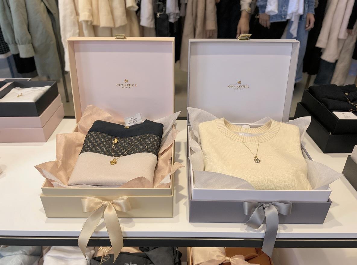 Fashion retail packaging using decorative two piece rigid boxes for accessories