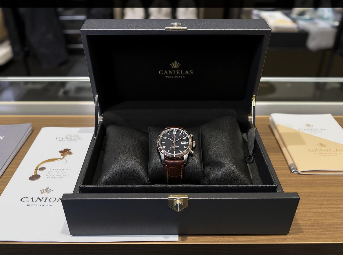 Fashion accessory drawer box showcasing luxury watch with premium brand packaging design