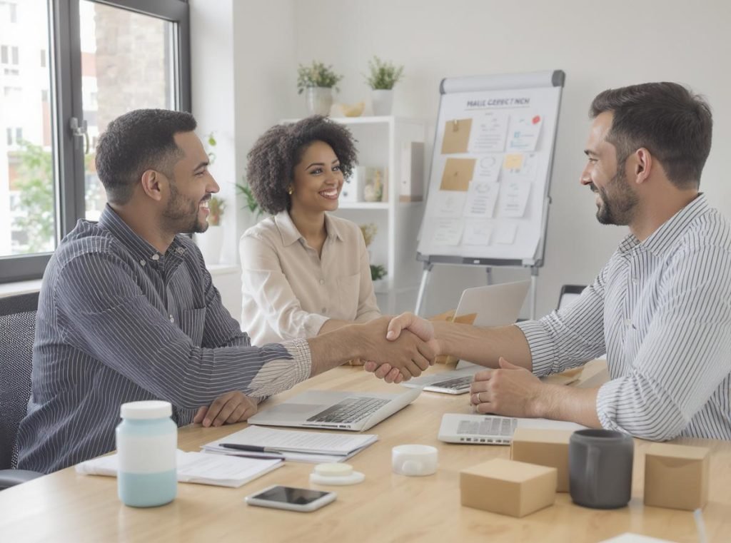 Business meeting between small business owner and packaging supplier discussing samples and partnership