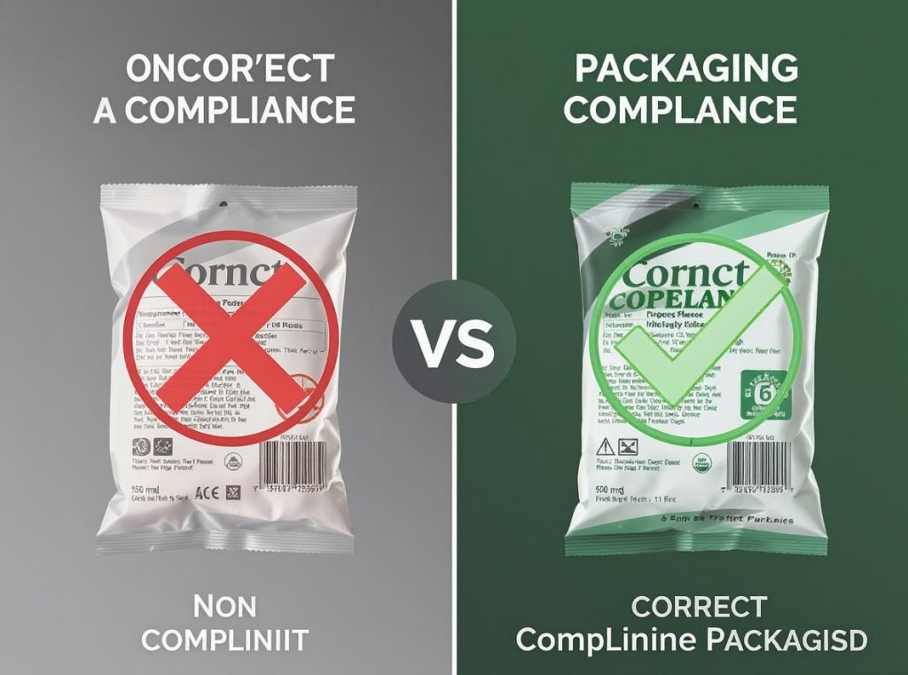 Common packaging compliance mistakes comparison showing incorrect versus correct labeling examples