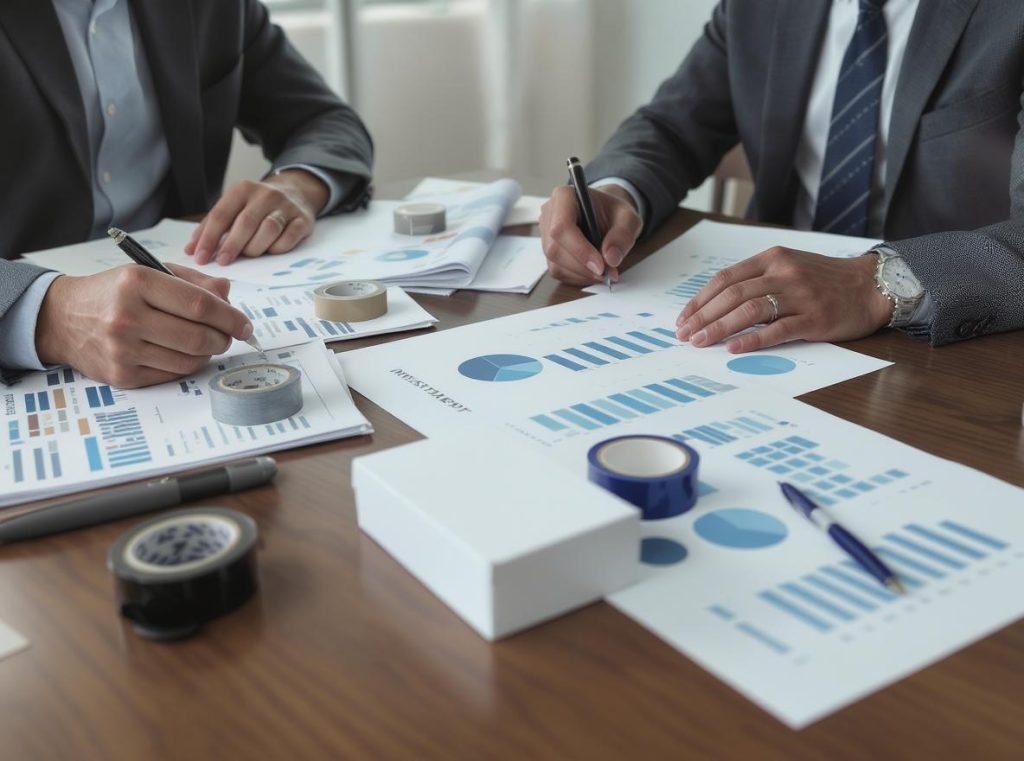 Business packaging investment comparison meeting with custom tape options