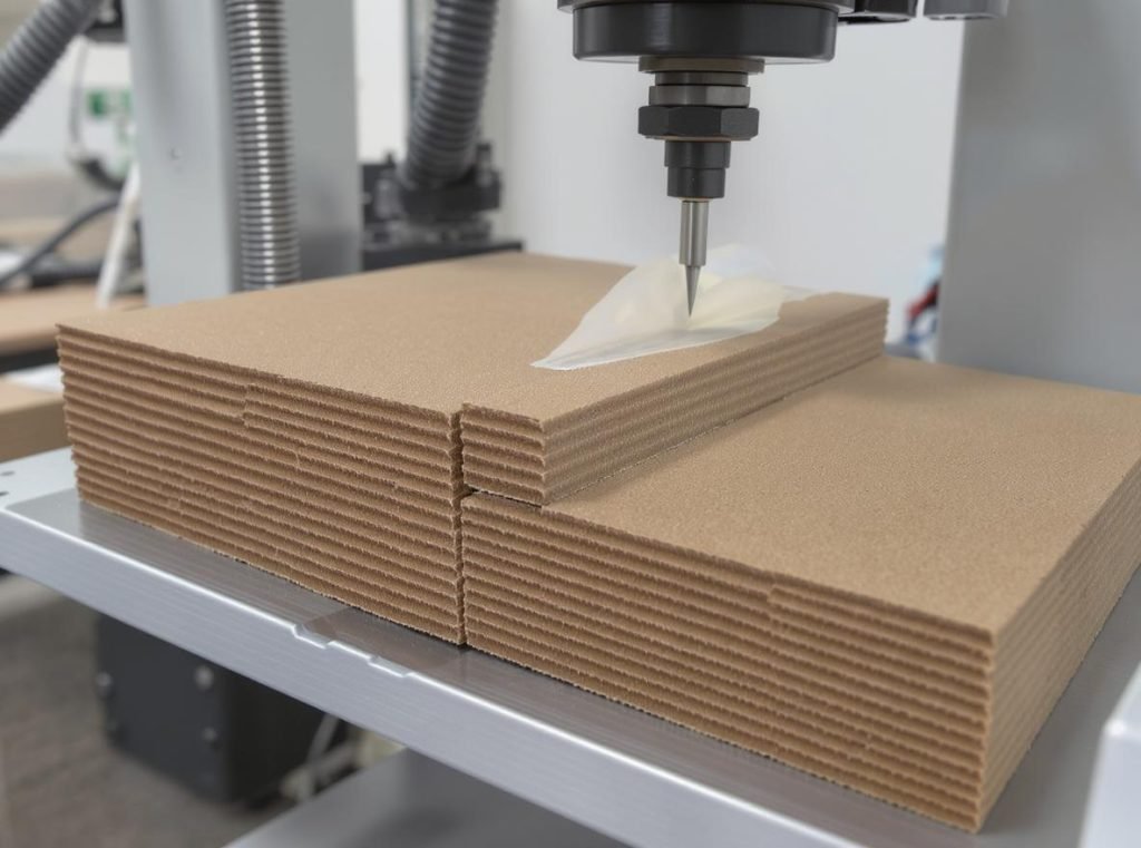 Corrugated cardboard samples undergoing compression testing for flute selection optimization
