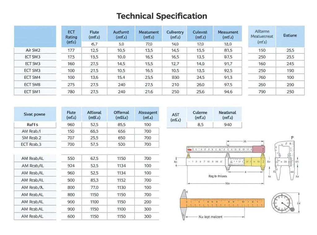 Corrugated box specification guide showing ECT ratings and flute types for selection