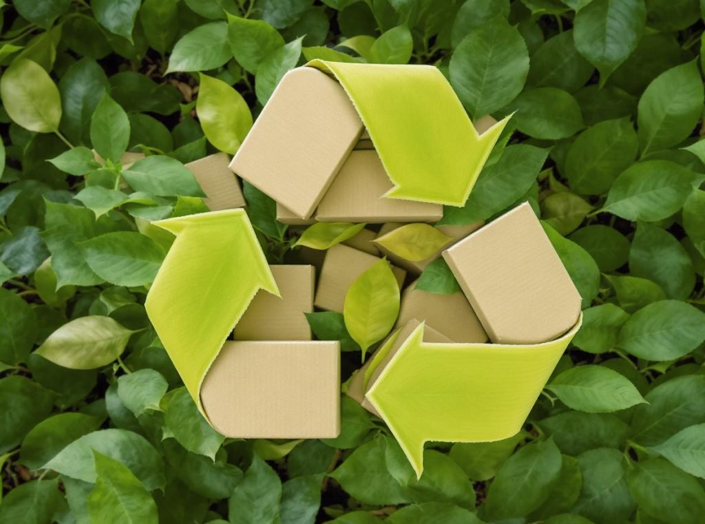 Environmental benefits of recyclable triple wall corrugated boxes with sustainability symbols