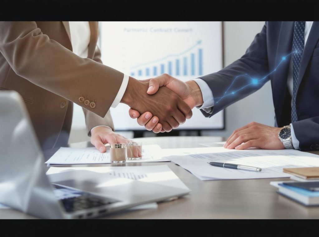 Business partnership handshake with supplier contracts and product samples