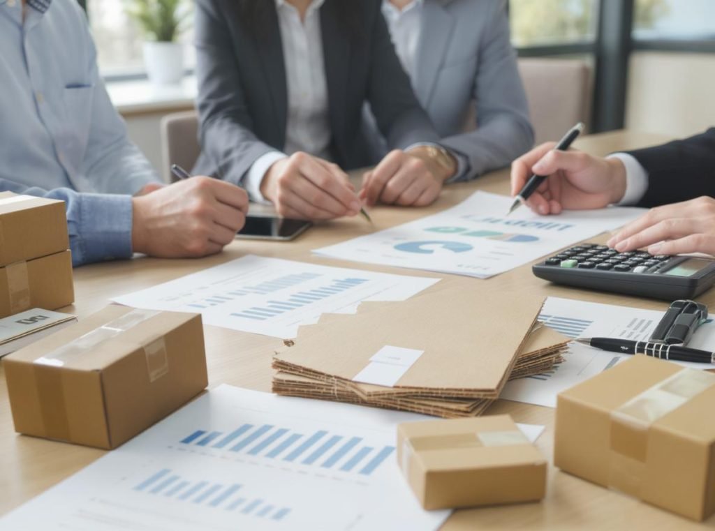 Business meeting analyzing corrugated packaging costs with samples and financial documents