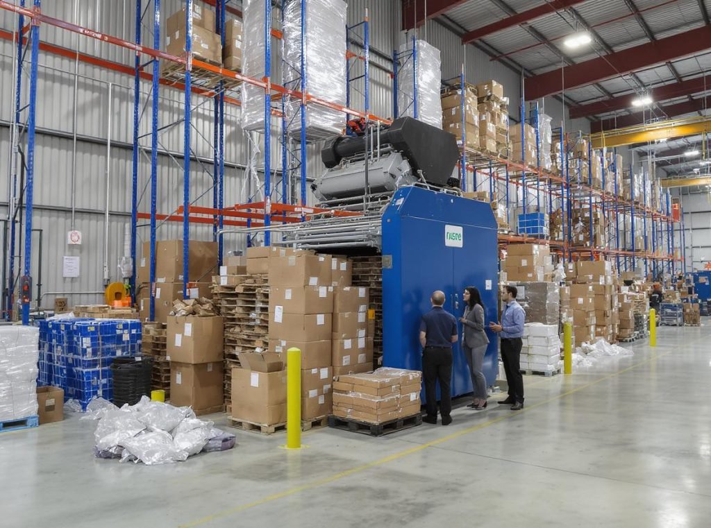 Business corrugated recycling optimization showing baling equipment and organized warehouse operations