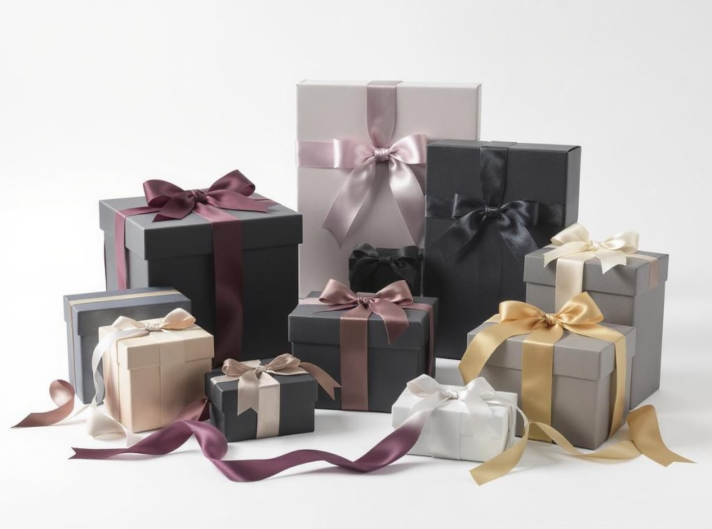 Collection of finished rigid boxes featuring various ribbon pull designs